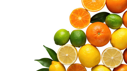 A vibrant assortment of fresh citrus fruits including oranges lemons and limes arranged artfully isolated on transparent background