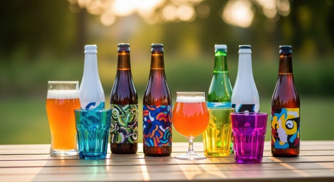 Assortment of craft beer bottles and glasses on a wooden table outdoors, perfect for World Beer Day celebration or summer party.