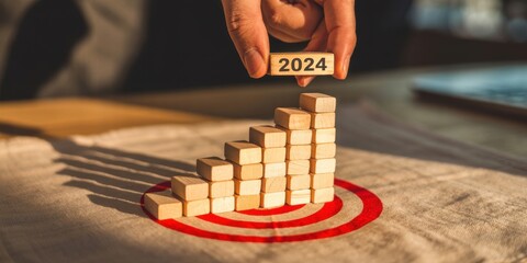 Wooden blocks forming a rising graph with the year 2024 on top, placed on a target, symbolizing business goals and success in the new year.