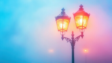 Fototapeta premium Glowing Iridescent Streetlamp in Soft Fog with Colorful Hues Background on white background