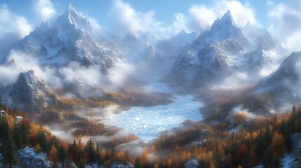 Majestic mountain vista with a frozen lake