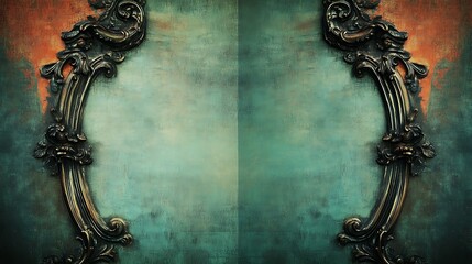 Ornate, symmetrical frame on a teal backdrop
