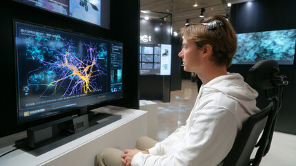 Man with headset looking at neural network display