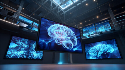 Screens displaying human brain in dark room