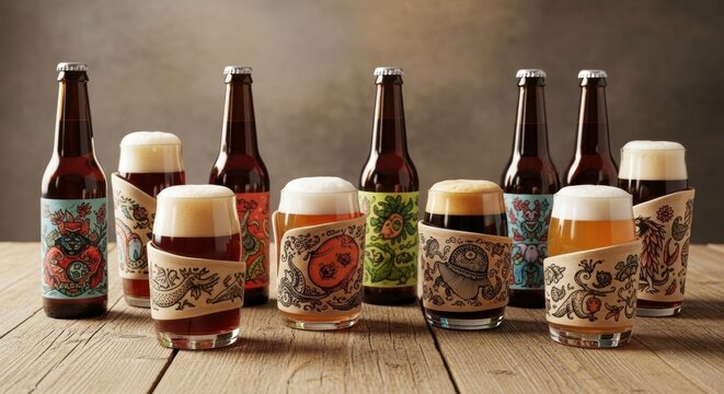 Variety of beer bottles and glasses with crafted labels and sleeves standing on a rustic wooden table. World beer day celebration concept.