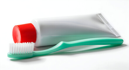 A close up shot of a green toothbrush laying on top of a tube of toothpaste with a red cap on a white surface
