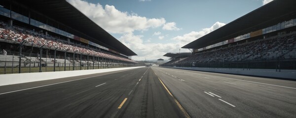Obraz premium Empty asphalt race track curves past empty grandstands under bright blue sky with scattered clouds. Perspective creates sense of speed, anticipation for motorsport event. Barrier, road markings