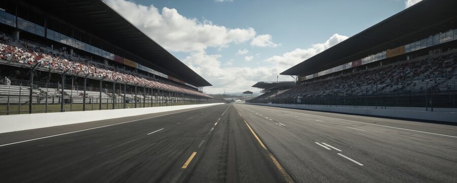 Empty asphalt race track curves past empty grandstands under bright blue sky with scattered clouds. Perspective creates sense of speed, anticipation for motorsport event. Barrier, road markings