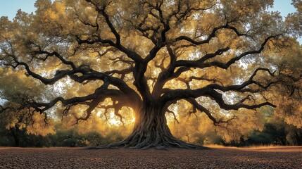 Majestic oak tree bathed in golden sunlight