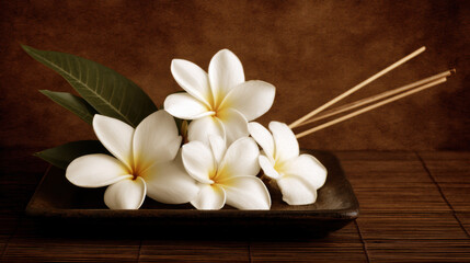 Fototapeta premium White plumeria flowers arranged with green leaves and incense sticks on a brown rectangular dish against a textured brown background.