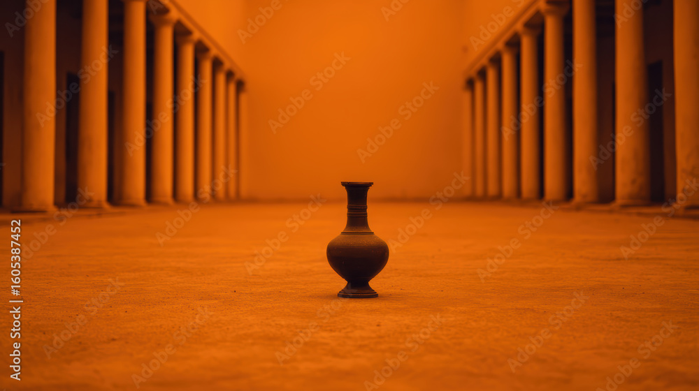 Poster a lone vase sits on an expansive floor between rows of symmetrical columns, bathed in warm orange li
