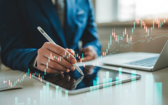 Analyzing Financial Markets with Digital Tablet and Laptop, Stock Market Trends and Growth Charts - Powered by Adobe