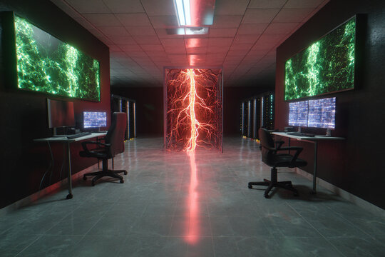 Server room with lightning and green screens