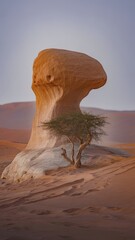 Desert rock formation with lone tree at sunset