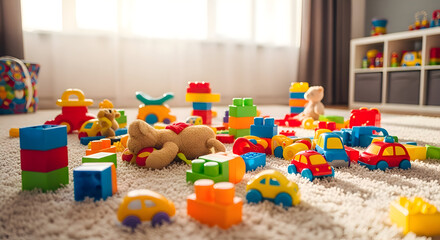 A playful chaos: colorful toys scattered on a fluffy carpet in a bright and inviting children's playroom