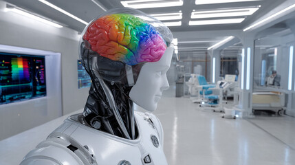Robot with rainbow brain in a hospital setting