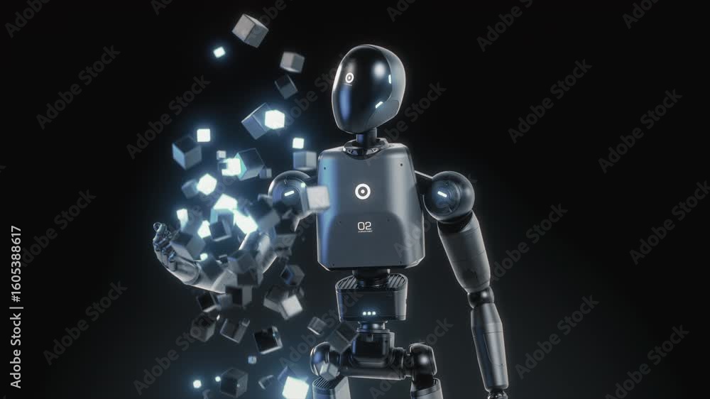 Poster visualization of high-tech humanoid robot interacting with levitating hologram of digital cube, show