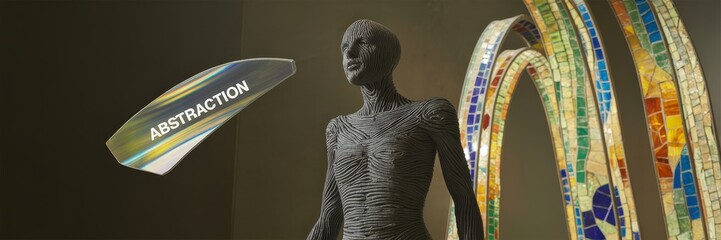 Humanoid figure with abstraction symbol and geometric portal