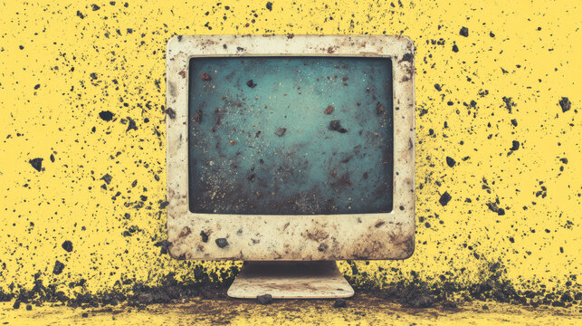 An old, dirty CRT monitor covered in dust and grime against a yellow wall with splattered black spots.
