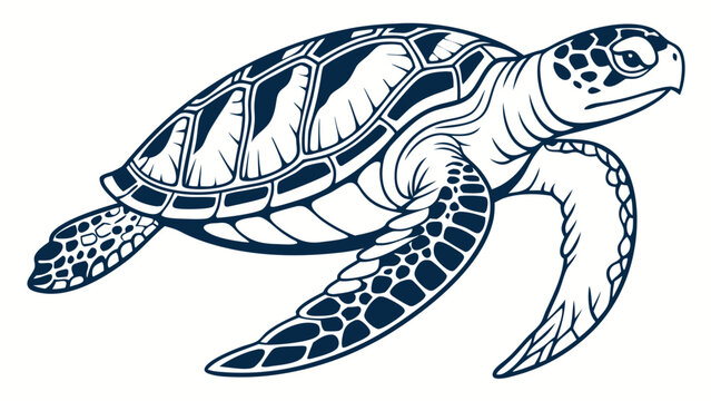 a blue and white drawing of a sea turtle.