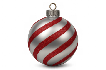 Silver christmas ball ornament with red stripes and transparent background, perfect for holiday projects