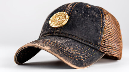 A stylish, worn denim baseball cap featuring a circular emblem on the front and a mesh back panel, blending vintage and modern design elements.