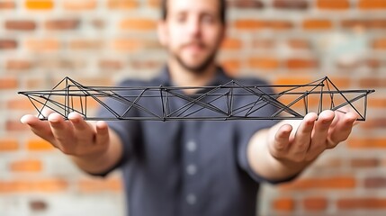 Man holds a model bridge in front of brick wall