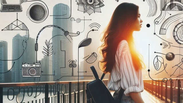 Young woman standing outdoors with digital elements representing uniqueness  