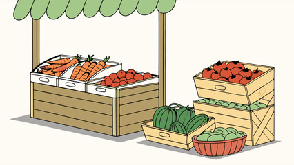 Fresh Produce Market Stall with Fruits and Vegetables Illustration