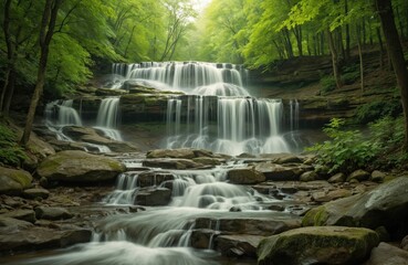 Obraz premium Cascading waterfall in lush green forest landscape. Water flows over layered rocks creating soothing sounds. Explore serene wilderness, perfect for hiking and relaxation.