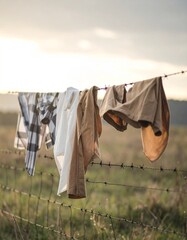 Clothes hanging on a barbed wire.