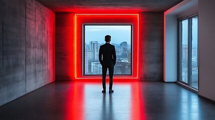 Man in suit facing city window lit by red neon