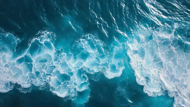 Dynamic top view of crashing sea ocean waves creating vibrant turquoise patterns with white foam, representing nature force, aquatic textures, and beautiful oceanic energy in coastal environment