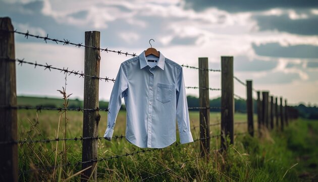 Clothes hanging on a barbed wire.