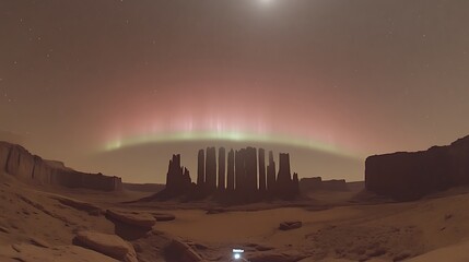 Martian landscape with aurora borealis