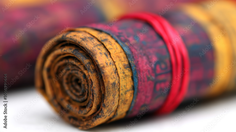 Poster close-up of an aged, rolled-up scroll tied with a red string, showcasing textured, weathered paper w