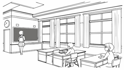 Monochrome Line Art Illustration of Students in a School Classroom