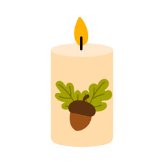 Autumn candle with acorn and oak leaves on beige background