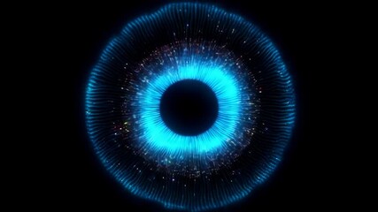 Glowing blue cybernetic iris, digital particle trails in a sci-fi concept of artificial intelligence, biometric scanning, machine vision or futuristic optical technology interface in dark background - Powered by Adobe