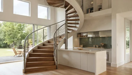 Acrylglasbilder Treppen Modern spiral staircase in bright, sunny house. Elegant wooden steps with metal railings ascend towards upper floor. Open-plan living area features contemporary design, kitchen island, large windows  © Pete