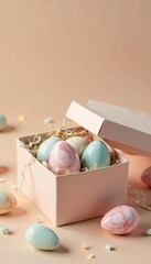 Decorative marble light Easter eggs in open gift box on pastel beige background, bunny, nest