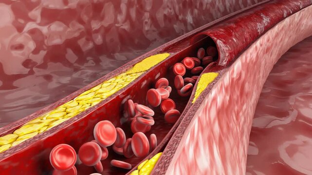 Cross-section of human artery with yellow cholesterol deposits and red blood cells, illustrating early atherosclerosis, cardiovascular disease, the importance of vascular health in medical diagnosis.
