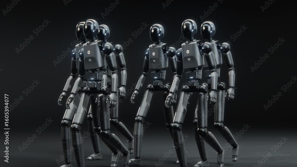 Poster futuristic visualization of group of advanced humanoid robots marching together across dark digital 