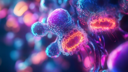 Microscopic view of organic alien life form pulsating with vibrant colors