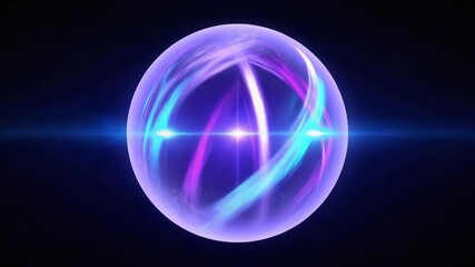 Luminescent orb with dynamic neon lines swirling inside, representing high-tech digital energy sphere in futuristic sci-fi setting with vivid violet-blue glowing effects and motion energy simulation - Powered by Adobe