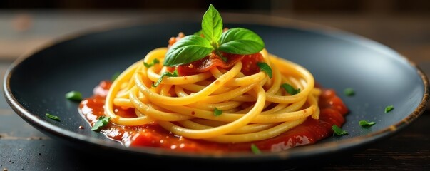 Elegant black plate, gourmet pasta, vibrant sauce, fresh herbs, basil, parmesan, food photography