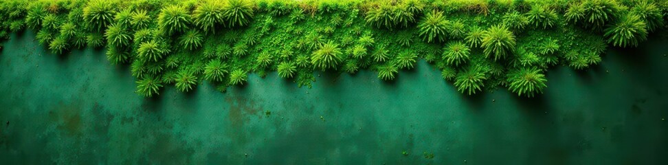 Emerald green moss flourishing on a textured cement wall , facade, outdoor, wall