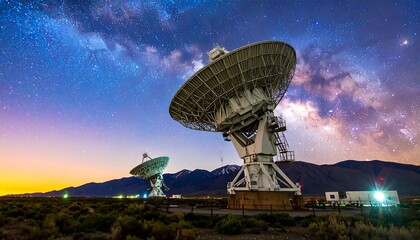 Radio telescope under a night sky