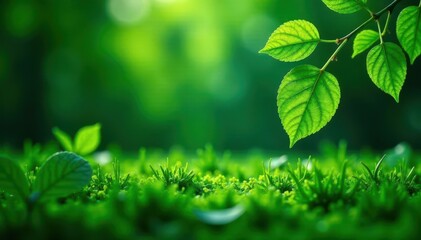 Emerald leaves cascading onto a lush green carpet , carpet, ground