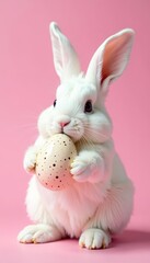 Fluffy white Easter bunny holding a speckled egg on a pastel pink background , joy, springtime joy